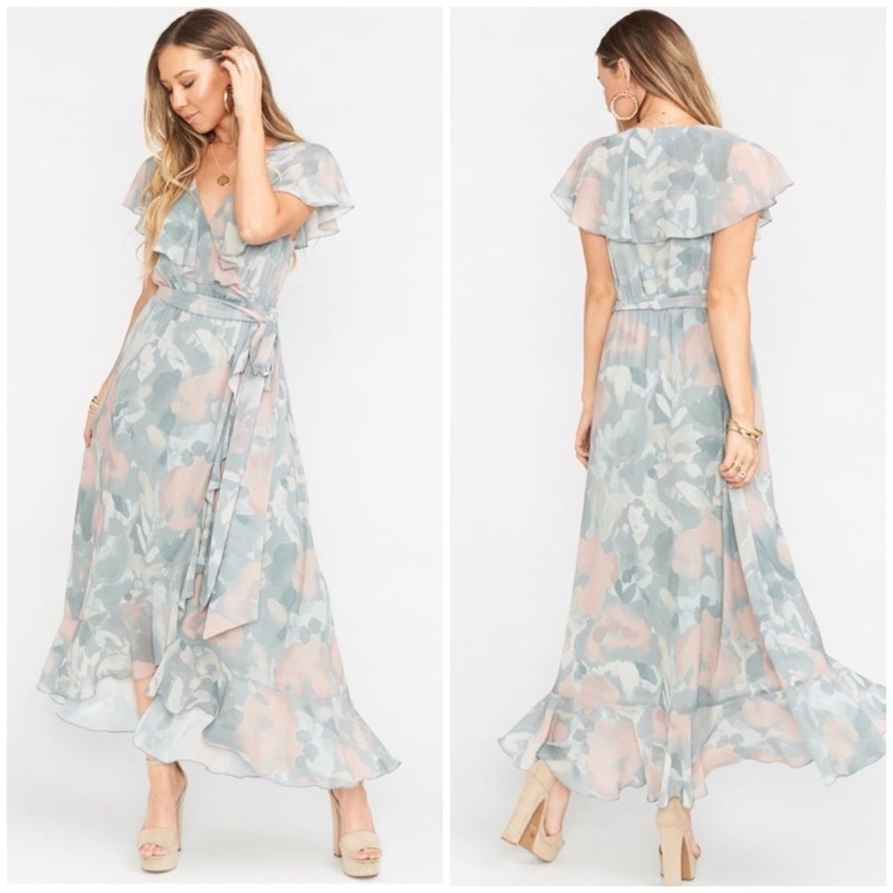 Show Me Your MuMu Pastel Blue and Blush Floral Midi Dress